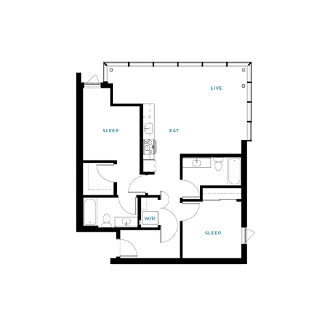Floor plan for 2 beds, 2 baths, 948 sqft